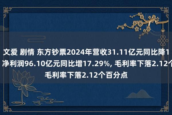 文爱 剧情 东方钞票2024年营收31.11亿元同比降19.99%， 净利润96.10亿元同比增17.29%， 毛利率下落2.12个百分点