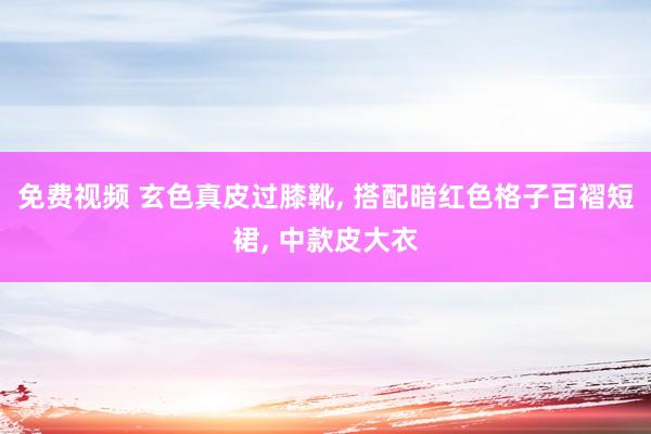 免费视频 玄色真皮过膝靴， 搭配暗红色格子百褶短裙， 中款皮大衣